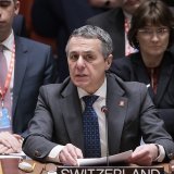 Le chef de la diplomatie suisse Ignazio Cassis lors d'une réunion de haut niveau sur l'Ukraine au Conseil de sécurité de l'ONU, le 24 février dernier, une année après le déclenchement de l'agression russe (archives).